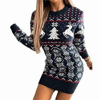 Robe De Noël Femme 'Ugly Sweater' - Sweat-Robe Manches Longues Imprimé Verre à Vin Et Rennes - Drôle Et Confortable Pour Les Fêtes