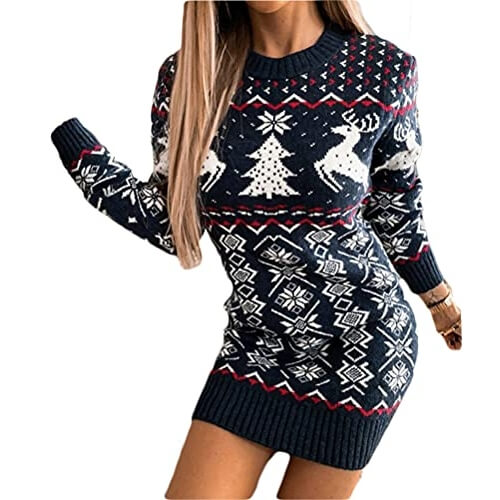 Robe Pull De Noël Femme 'moche' Drôle - Imprimé Verre à Vin Renne, Manches Longues, Tissu Doux, Coupe Ample