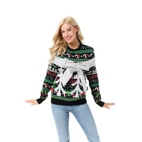 Pull De Noël Rigolo Pour Femme – Manches Longues, Col Rond – Motifs Festifs – Tissu Doux (45% Coton, 55% Polyester)